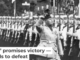 Hitler and Mussolini salute Nazi troops in 1937. Bettmann/Getty Images